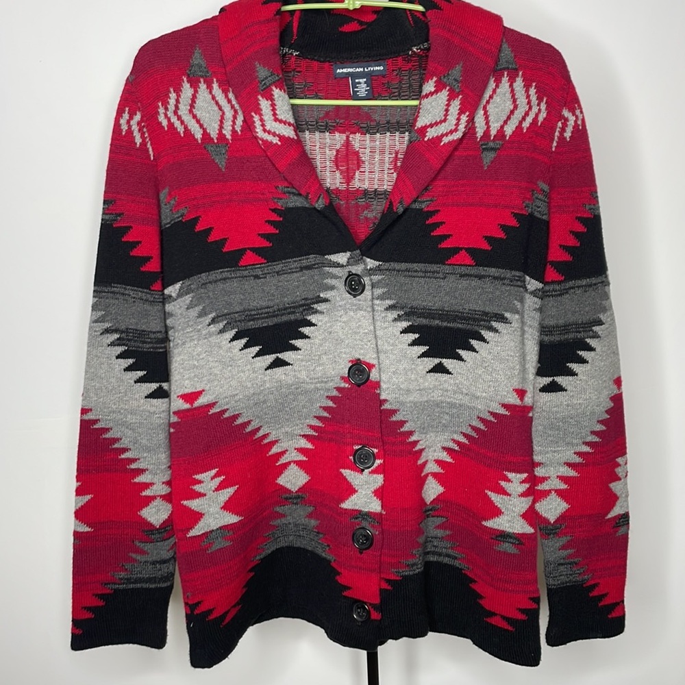 American Living Cardigan Aztec Print Medium Red Black Grey